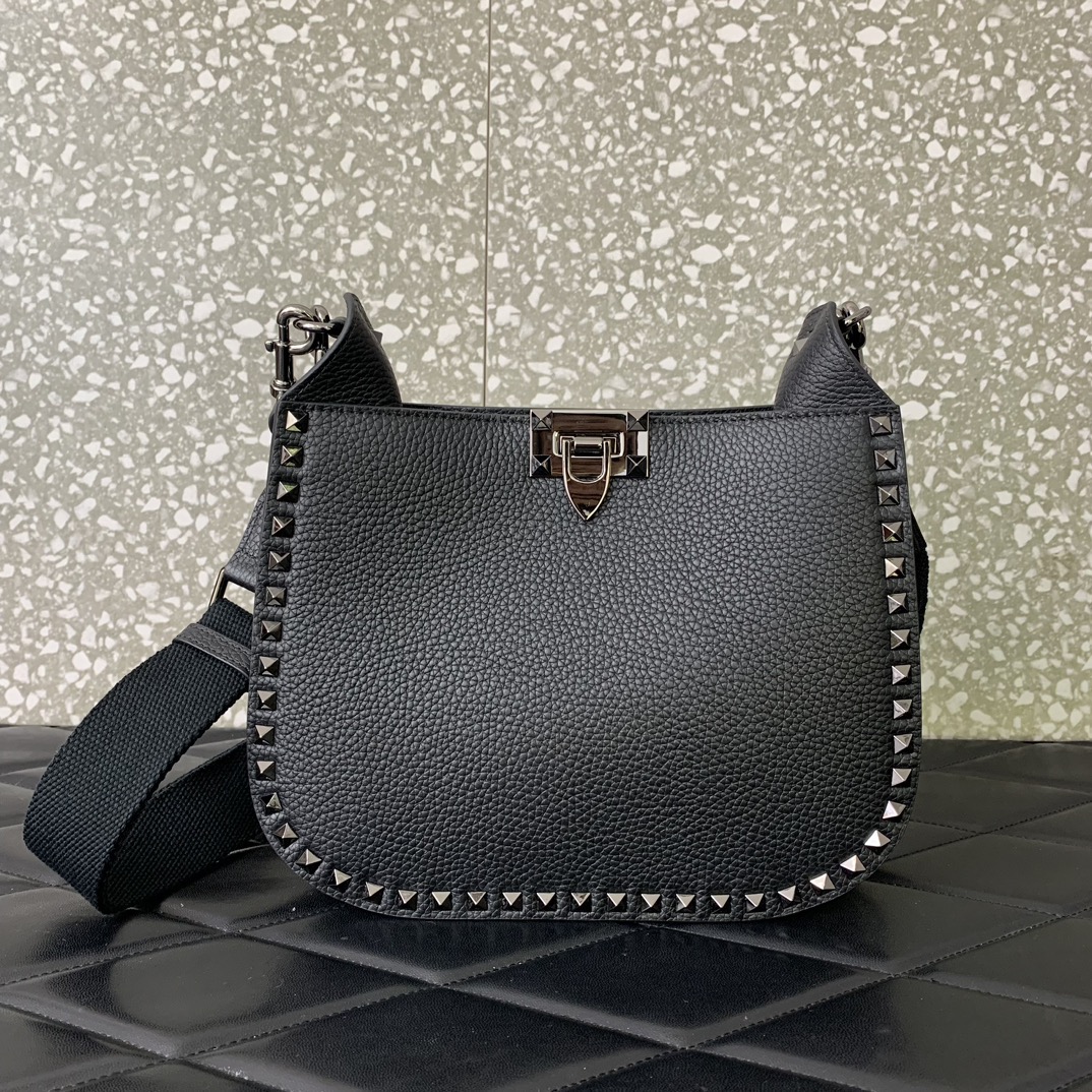 Valentino Garavani Rockstud Hobo Bag in Black Grainy Calfskin